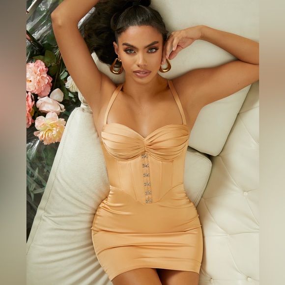 Oh Polly Dresses & Skirts - NWT Oh Polly NEW ROMANCE Pleated Bust Corset Mini Dress In Beige. Size 2
